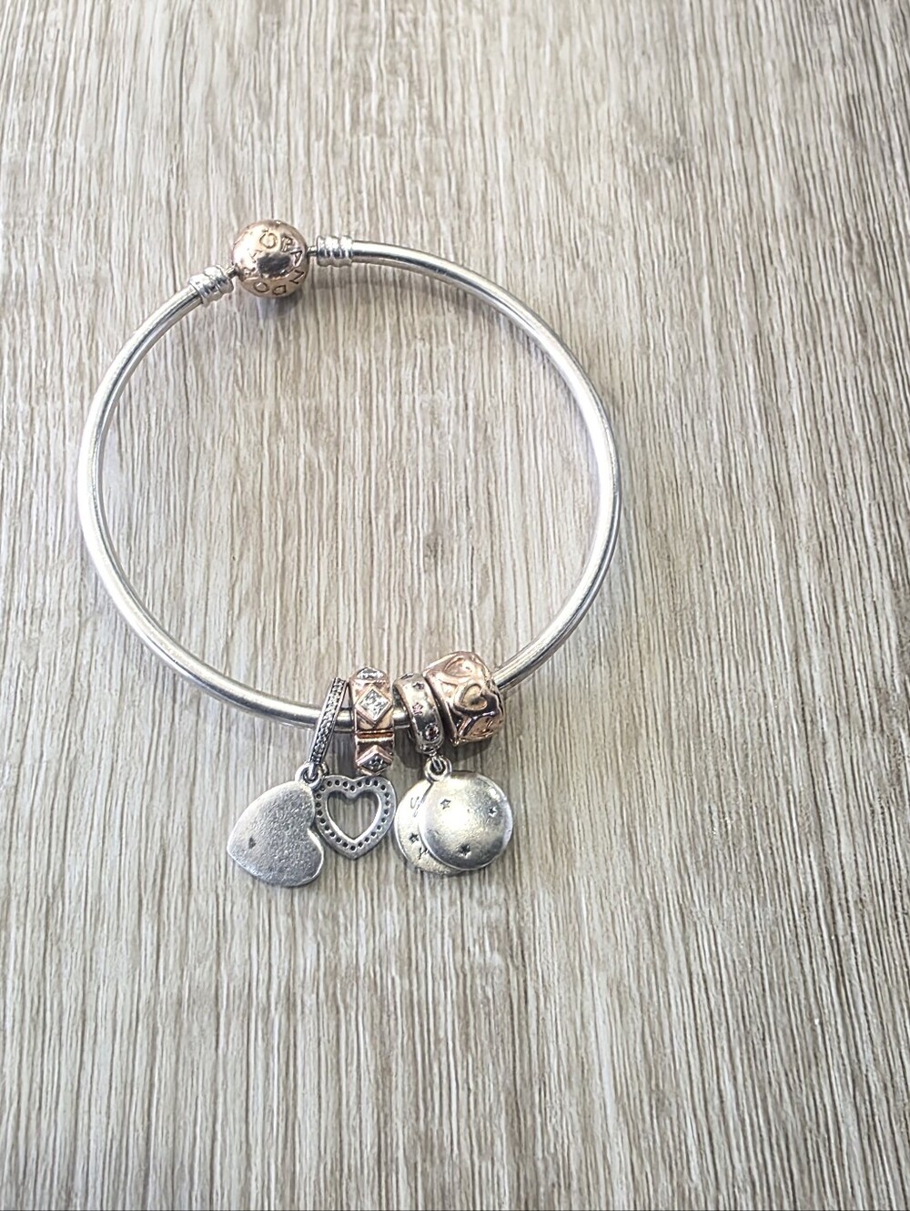 Pandora Silver/ Rose Gold Charm Bangle Bracelet with Heart and Disc Charms